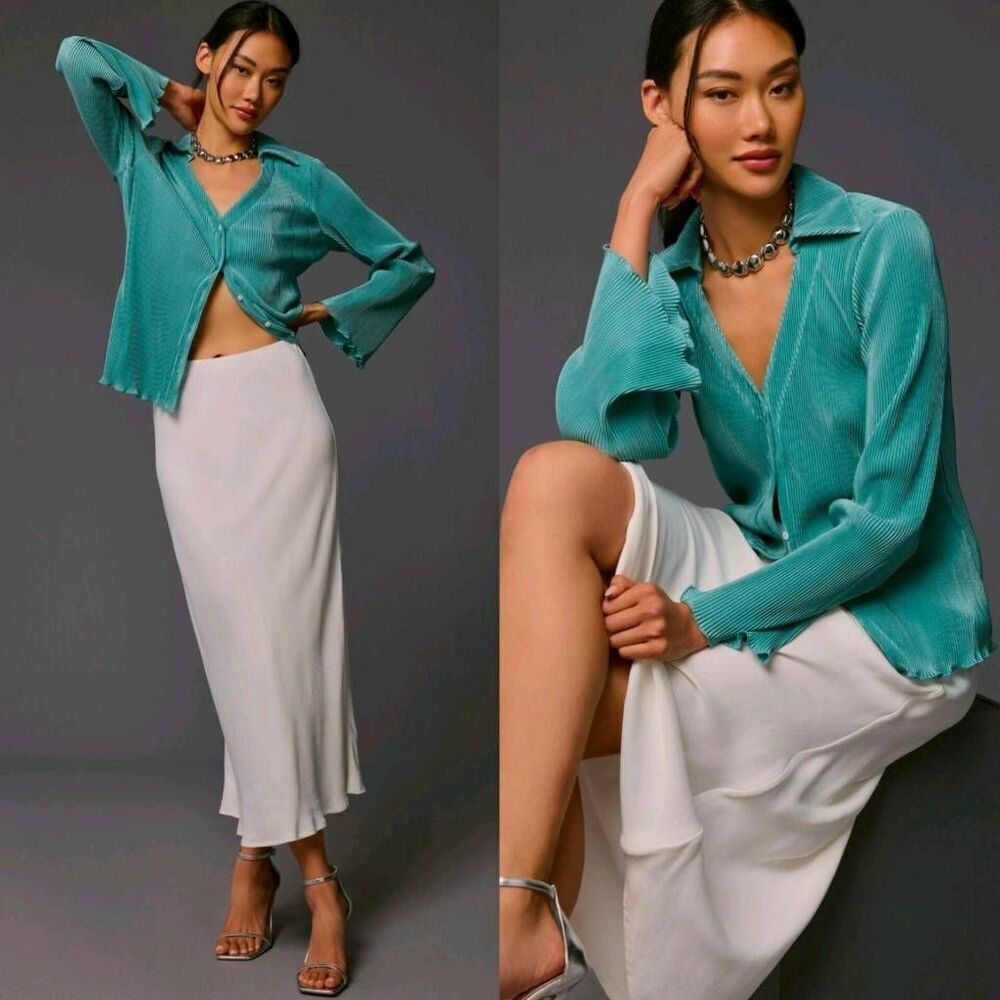 NWT Dolan Lettuce Hem Buttondown Top Medium Turquoise Crinkle Pleated Anthropolo